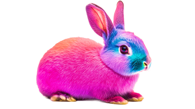 Colorful bunny with bright neon fur, isolated on transparent background, cut out transparent png