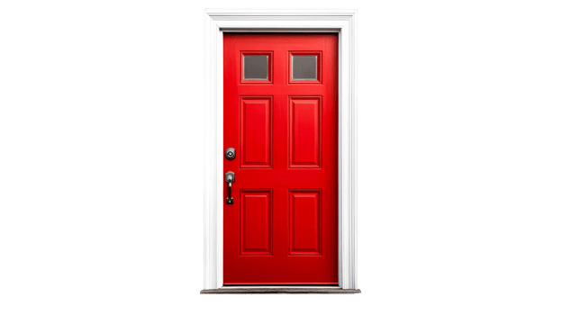 Vivid red door, white trim, black background, isolated object, cut out transparent png
