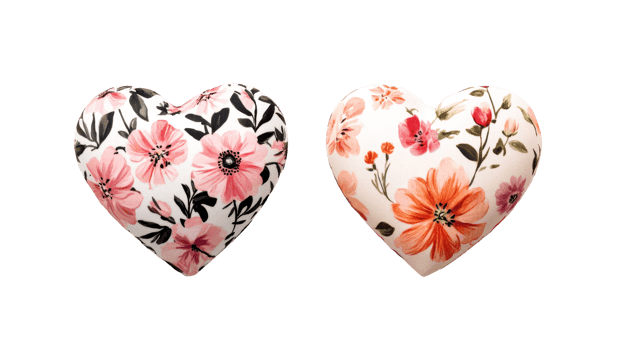 Floral hearts pattern cushion isolated on black background, cut out transparent png
