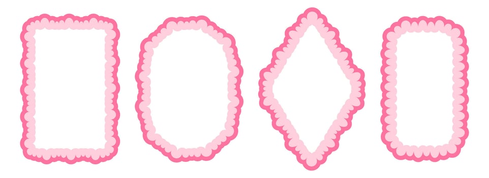 Cute frill pattern frame set. Pink scalloped ellipse and rectangle border collection. Wavy lace edge shape in rococo style for decoration, poster, banner. Wiggly coquette element pack vector