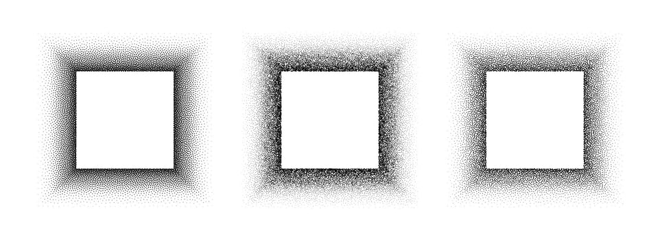 Black stippled square frame set. Dotted gradient border collection. Rectangle picture holders for banner template, copy space, collage, emblem, poster, box. Frame element bundle vector