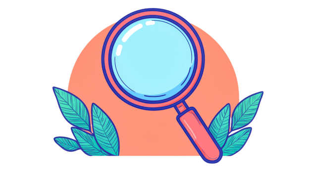 Magnifying glass with leaves on black, cut out transparent png