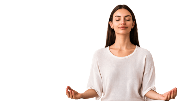 Meditating serene woman in white shirt, cutout transparent png