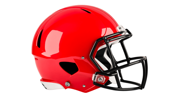 Red sports helmet with black visor, equipment, protection, cut out transparent png