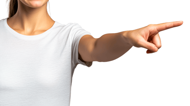 Woman pointing finger wearing a white t-shirt, cut out transparent png