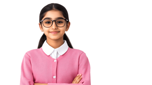 Schoolgirl with glasses in a pink cardigan, cut out transparent png