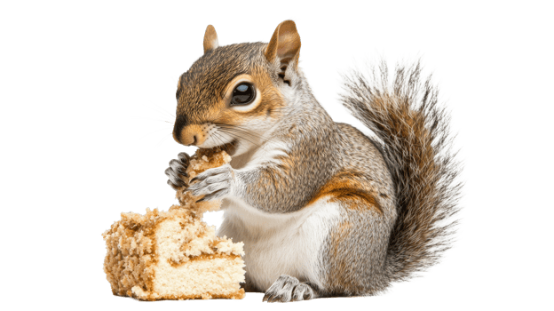 Squirrel feasting on dessert, holding piece of cake, wildlife animal, cut out transparent png