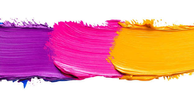 Smears of purple, pink, yellow paint, artistic texture, isolated, cut out transparent png