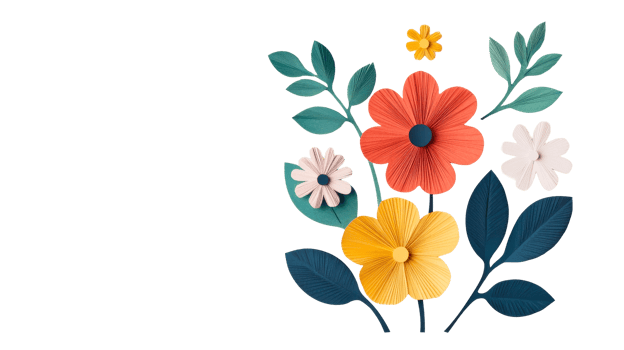 Floral art with paper flowers, colorful petals, decorative, cut out transparent png