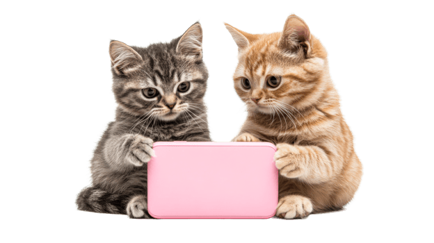 Two adorable kittens using a pink tablet together, cut out transparent png