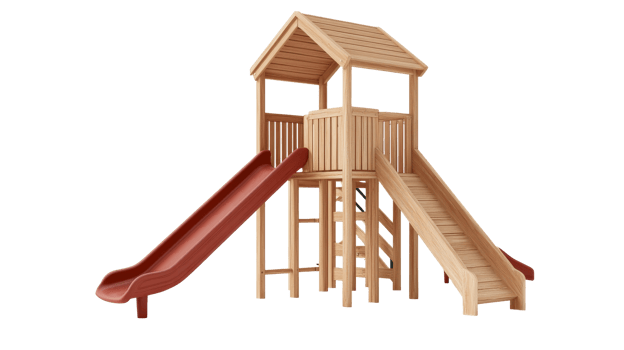 Kids playground tower with slides, recreation equipment, cut out transparent png