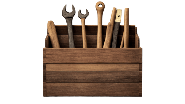 Wooden toolbox full of vintage tools, isolated, cut out transparent png