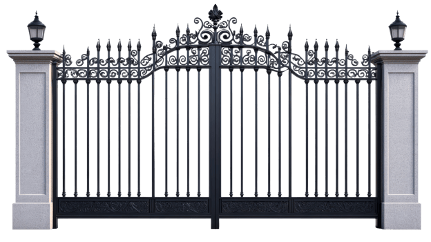 Ornate wrought iron gate with stone pillars, cut out transparent png
