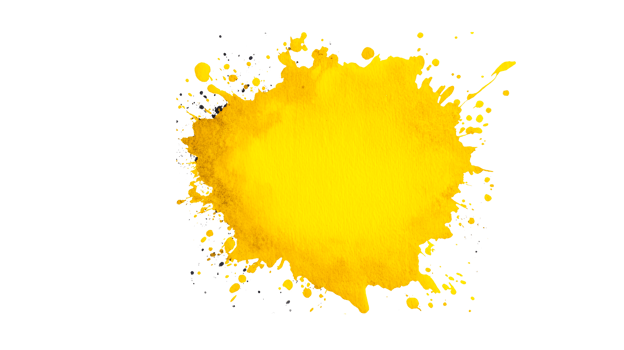 Vibrant yellow splatter design on black background, cut out transparent png