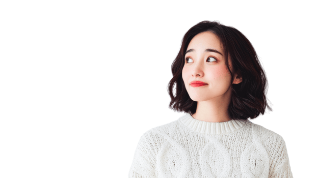 Asian woman with short hair looking away, thoughtfully, cut out transparent png