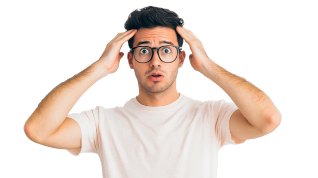 Young man expressing panic, fear, surprise, hands on head, cut out transparent png