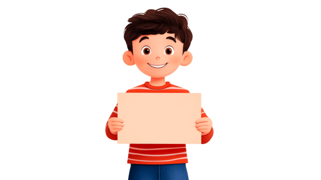 Cheerful boy holding blank sign isolated, cut out transparent png