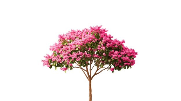 Bushy pink flowering tree with a brown trunk, cut out transparent png