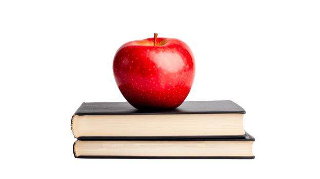 Red apple on books, learning and teaching, school symbol, cut out transparent png