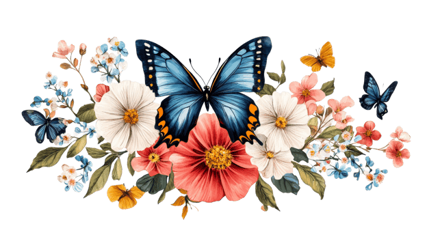 Floral arrangement with butterflies and flowers, vibrant colors, cut out transparent png