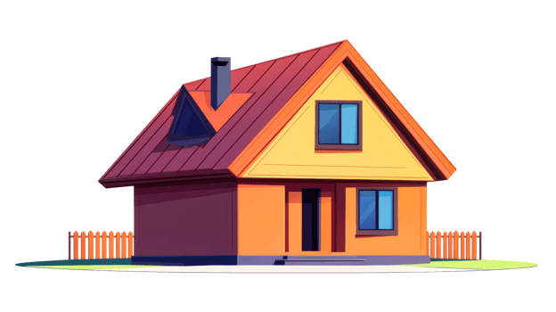 Small Two-Story House with Red Roof and Picket Fence, cut out transparent png