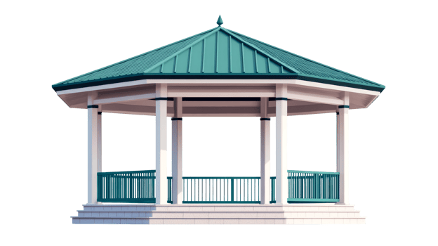 Elegant octagonal gazebo with green roof, isolated on black, cut out transparent png