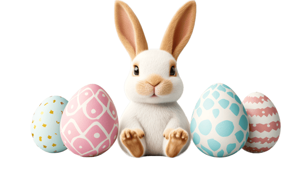 Easter bunny with decorated eggs on black background, cut out transparent png