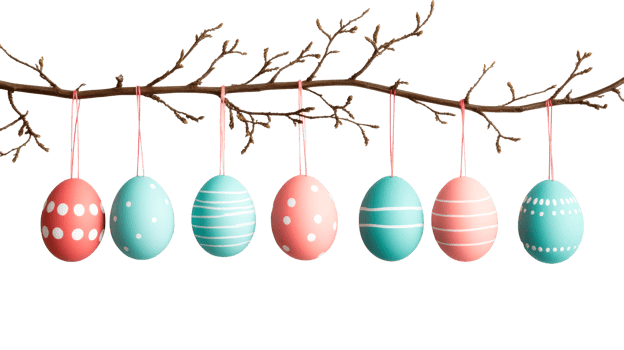 Pastel Easter eggs hang on branch, cut out transparent png