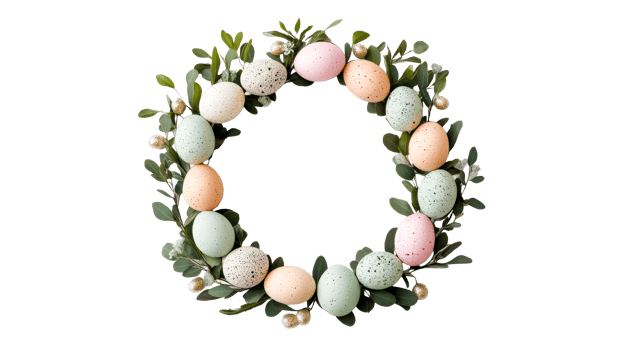 Decorative easter wreath with pastel eggs, cut out transparent png