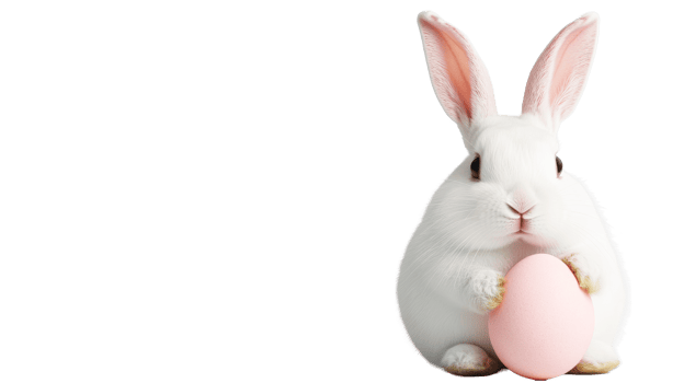 Easter bunny holding a pink egg, cut out transparent png