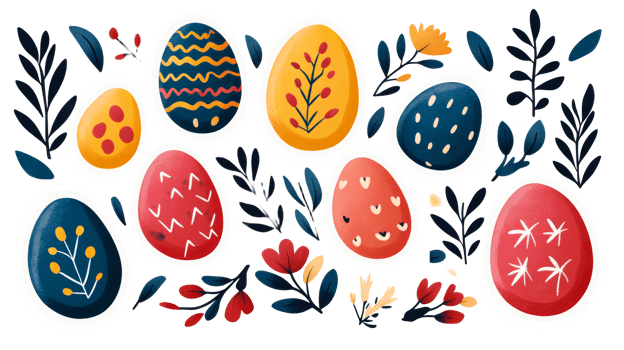Easter eggs and flowers, festive decorative art, cut out transparent png