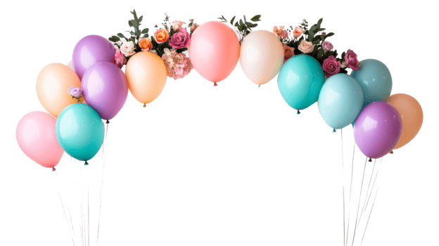 Balloon arch with flowers in pastel colors, cut out transparent png