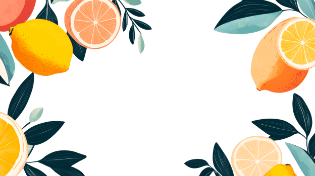 Citrus fruits and foliage with black backdrop frame, cut out transparent png