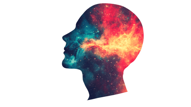 Head silhouette filled with cosmic nebula, cut out transparent png