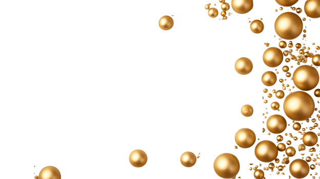 Golden spheres with textured surface, scattering decoration, cut out transparent png