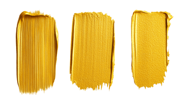 Golden brushstrokes, isolated golden smears, artistic paint elements, cut out transparent png