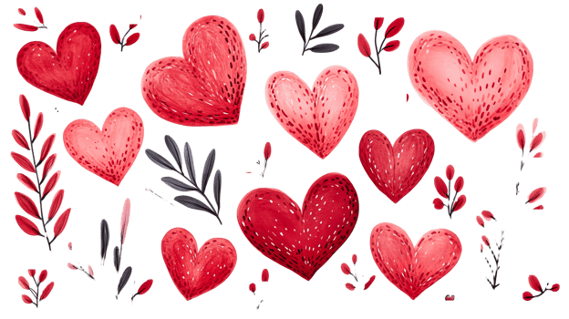 Hand-painted hearts and floral branches on a black background, cut out transparent png