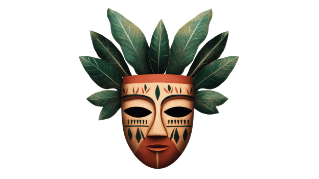 Tribal mask with green leaves, cultural art, mysterious face, traditional, cut out transparent png