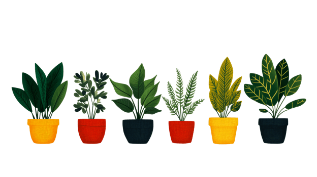 Variety of houseplants in pots, colorful illustration, vibrant, cut out transparent png