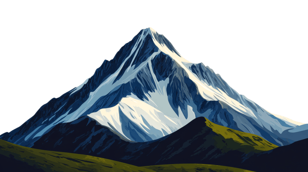 Snowy mountain peak with green foothills in isolated , cut out transparent png