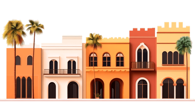 Tropical houses facade and palm trees, colorful exterior, cut out transparent png