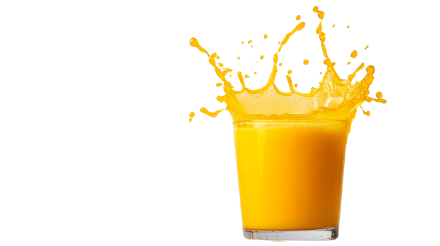 Orange juice splash in glass, isolated on black background, cut out transparent png