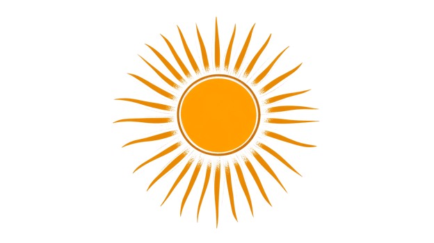 Golden sun with spiky rays on black background, cut out transparent png