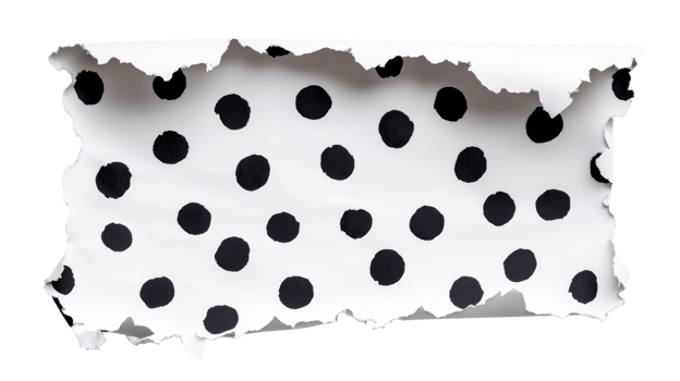 Torn white paper with polka dots, black and white design, cut out transparent png