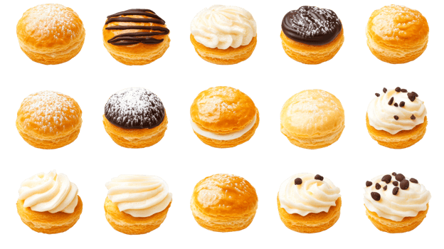 Variety of cream puffs isolated on black background, cut out transparent png