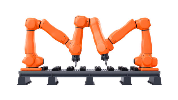 Orange robotic arms on factory table processing parts, cut out transparent png