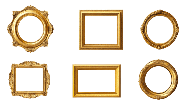 Collection of ornate golden frames of various shapes, cut out transparent png