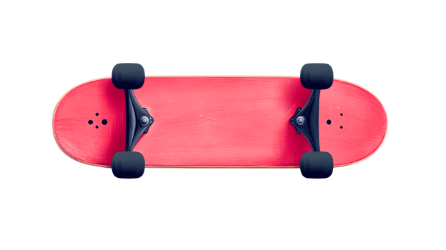 Top-down view of pink skateboard with black wheels, cut out transparent png