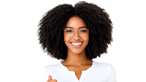 Smiling woman with afro hairstyle and glasses, cut out transparent png