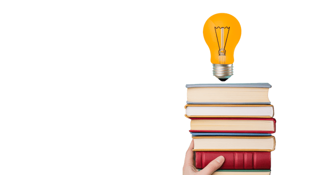 Idea bulb on books stack in human hand, knowledge concept, cut out transparent png